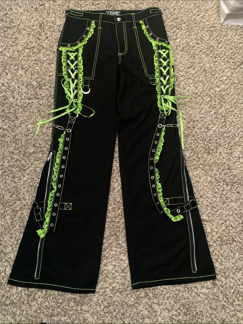 Tripp NYC Black Pants with Neon Green Lace-Up Trim, Size 26/3
